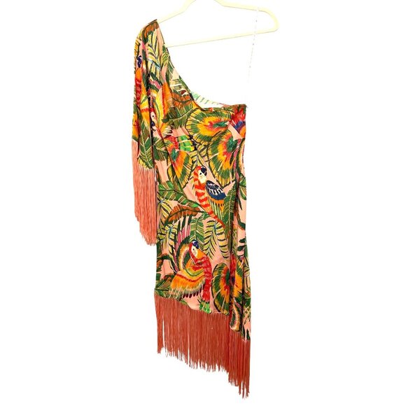 Farm Rio Womens One-Shoulder Fringe Midi Dress Tropical Parrot Medium NWT - Picture 4 of 9